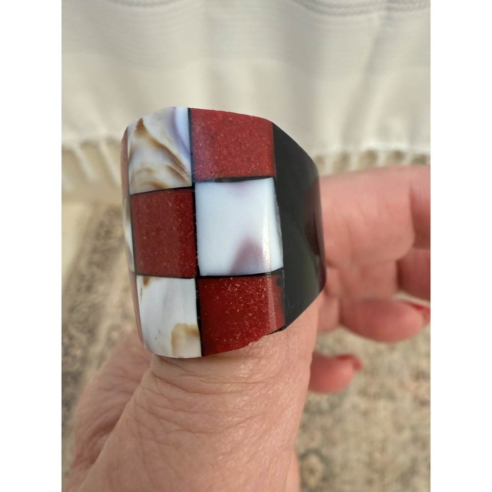 Horn Artisan Mosaic Statement L 8.5 Ring Red White Blk Inlay Geometric Cocktail - Picture 10 of 12